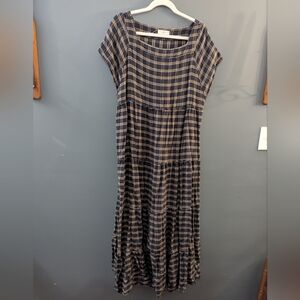 NATURAL LIFE Navy and Tan Plaid Tiered Maxi Dress